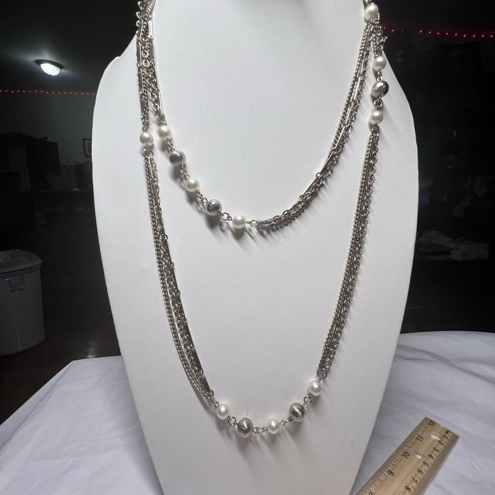 Vintage MCM Silver Tone with Faux Pearl Long Chain Necklace (shown double)